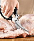 Heavy Duty Poultry Shears Kitchen Scissors For Cutting Chicken And Meat With Spring Loaded Handles, Multipurpose Tool To Butterfly Whole Poultry, Trim Fat, Slice Raw Meat, Chop Herbs, And Cut Veggies With Minimal Hand Strain Like A Boss, spring-loaded stainless steel shears cutting raw chicken