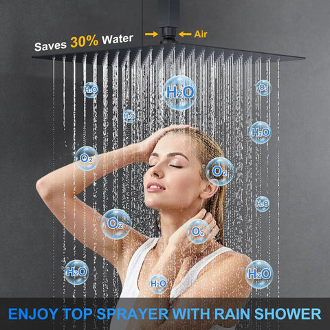Top Shelf Ceiling Mount Rainfall Shower System With 12 Inch Matte Black Finish, water-saving feature in use.
