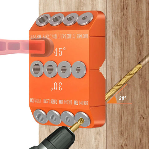 Multi Angle Cable Railing Drill Guide Jig with 30 45 90 Degree Angles, showing 30° drilling on wood, metal construction visible.