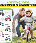 Father helping child ride a bike with a selection of kids bikes shown, promoting comfort for young riders.