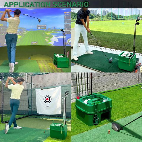 Automatic Golf Tee Machine With Infrared Sensor Ball Release used in driving range and indoor simulator setups.