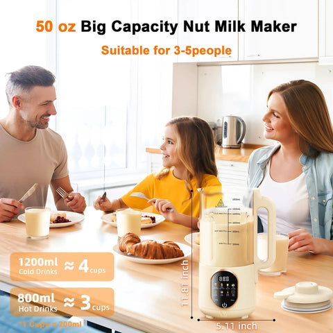 Family enjoying breakfast with 50 Oz Nut Milk Maker With 10 In 1 Functions And 20 Blades For Almond Cashew Coconut Oat Milk Plant Based Bevs Plus Chowder Juice Soy Milk Delay Start Boil Water Keep Warm And Auto Clean on kitchen counter.