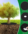 8 Pack 32.2 Inch Non Woven Tree Mulch Ring Thickened Tree Mat Protector under a tree showcasing root protection and trimming feature