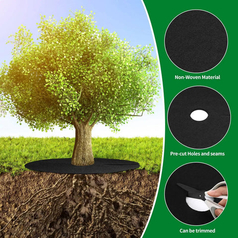 16 Pack 32 Point 2 Inch Non Woven Tree Mulch Rings Weed Barrier Mats installed around tree for root protection