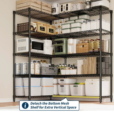 Heavy Duty Metal Shelving Rack With Five Layers And Mega Capacity To Store Kitchen Gear Power Tools And Pantry Supplies Without Breaking A Sweat 59 Inches Wide with various kitchen items.