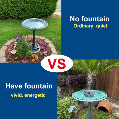 28 Inch Tall Outdoor Bird Bath With Solar Water Fountain Plastic Retro Green Bird Bath For Garden Lawn Yard And Patio Decor Go To Garden Decor 2 In 1 Bird Bath And Fountain Set in garden comparison, no fountain vs with fountain.