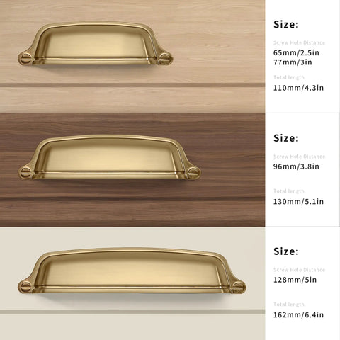Slick And Badass 10 Pack 5 Inch 128 Millimeter Hole Center Brushed Brass Cup Pulls For Kitchens Drawers Cabinets Closets Top Shelf Cabinet Hardware with details on sizes suitable for various cabinets.