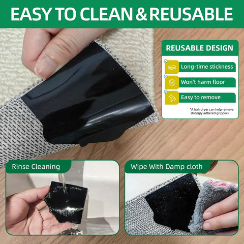 8 Pack Non Slip Rug Pads With Double Sided Adhesive Extra Thick 2Mm Grid Grip Rug Underlay showing easy to clean and reusable features