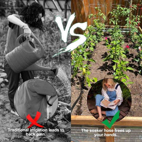 Comparison of traditional watering vs. Customizable Soaker Hose System With 50 Ft 1/2 Inch Soaker Hose And 25 Ft PVC Garden Hose.