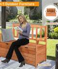 Outdoor Wood Storage Bench With Seating And Armrests Large Deck Box For Garden Patio Porch Backyard Poolside Waterproof Weatherproof Organizer Loveseat Natural Finish Dual Purpose Bench With Hidden Storage with woman seated