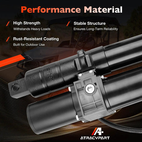 Close-up of 12V Electric Hydraulic Linear Actuator, highlighting high strength and rust-resistant coating for HDX, Prowler models.