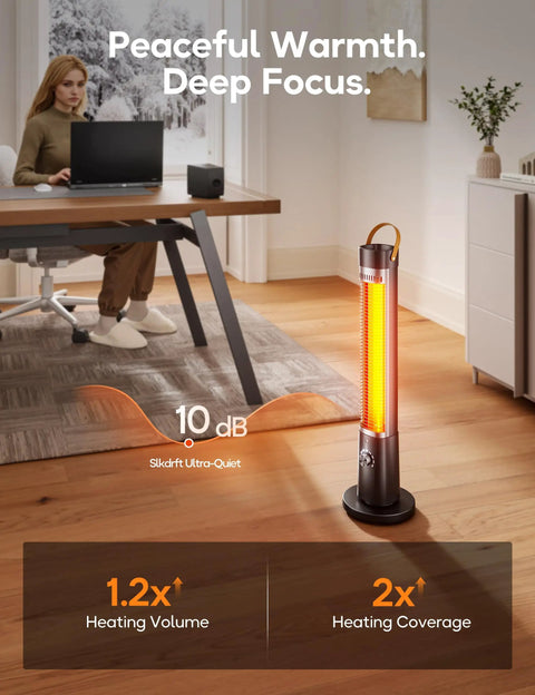 Cozy Up Your Patio With This 1500W Infrared Outdoor Heater With Remote 60 Degree Oscillation 9 Heat Levels 9 Hour Timer Tip Over And Overheat Protection Safety Lock Great For Garage Porch Outdoor Office Use Black heater glowing in office setting.