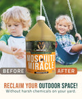Miracle Outdoor Mosquito Spray For Yard Pet Safe Concentrate Makes Up To 32 Gallons Kills Mosquitoes Within 24 Hours bottle with two kids swinging in background