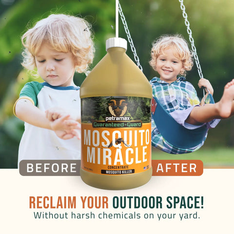 Miracle Outdoor Mosquito Spray For Yard Pet Safe Concentrate Makes Up To 32 Gallons Kills Mosquitoes Within 24 Hours bottle with two kids swinging in background