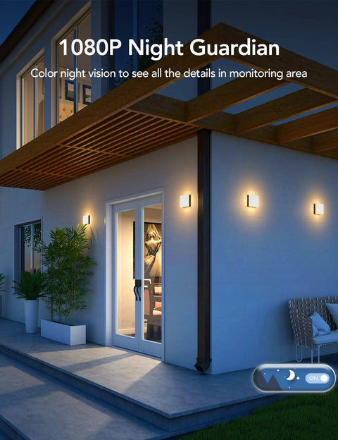 Outdoor house scene showcasing 1080P night vision capability of Solar Powered Outdoor Security Camera With All Around 360 Degree View