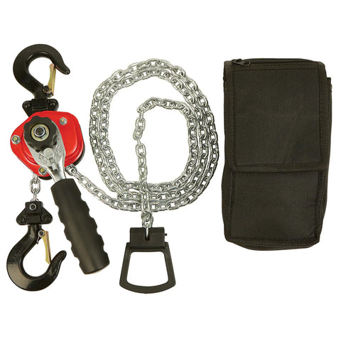 Mini Lever Chain Hoist, 550 Lb Capacity, 5 Ft Lift, Lightweight Yet Rugged Steel, Grade 80 Load Chain, with dual hooks and carry bag.
