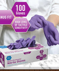 Person wearing powder-free nitrile exam gloves small pack of 100 textured fingertips for top grips and sensitivity latex-free.
