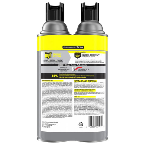 Straight Shooting Flying Insect Killer Spray For Wasps And Hornets With A Powerful Jet Stream Two 14 Oz Cans side view displaying labels.