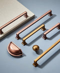 Two Pack Rock Solid Zinc Alloy Cabinet Cup Pulls With 12 Inch Hole Center Featuring Knockout Aged Copper Finish Vintage Drawer Handles For Kitchen Cabinetry And Vanity Total Upgrade displayed on a grey surface.