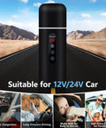 Road Trip Ready Car Kettle With 12V/24V Power Portable Hot Water Boiler shown on road background, black with digital display.