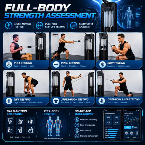 Top Shelf 500kg Isometric Strength Tester And Heavy Duty Push Pull Dynamometer With Smart App Tracking For Pro Grade Muscle Assessment showing full-body strength assessment features.