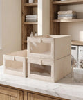Three Heavy Duty Cotton Linen Foldable Storage Bins Stackable Closet Organizers on a marble countertop.