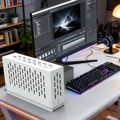 Top Shelf External Gpu Docking Station For Laptops With Pcie Four Point Zero Link And A Beefed Up Metal Case on a desk.