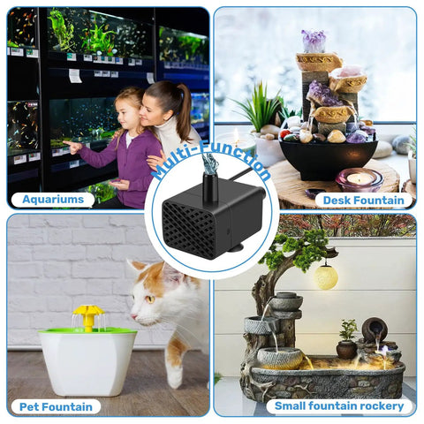 Mini Submersible Pump For Fish Tanks And Fountains Ultra Quiet 5V USB Water Pump For Cat Drinking Fountains Tabletop Water Features Ponds Hydroponics And DIY Water Decor Replacement with multi-function use in aquariums, desk fountains, pet fountains, and rockery displays.