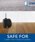 Top Shelf Hooded Twin Wheel Casters 4 Pack 2 Inch Black Nylon And Zinc Plated Steel on carpet, tile, and wood flooring.