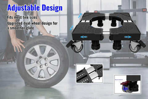 Heavy Duty Tire Dolly With 500 Lb Load Capacity And Smooth Rolling Garage Storage Rack with adjustable dual-wheel design and tire fitting.