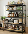 Hella Tough 5 Tier Metal Storage Rack With Fully Adjustable Shelves And 2000 Pound Capacity holding a variety of kitchen items and plants.