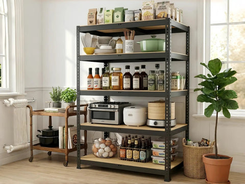Hella Tough 5 Tier Metal Storage Rack With Fully Adjustable Shelves And 2000 Pound Capacity holding a variety of kitchen items and plants.