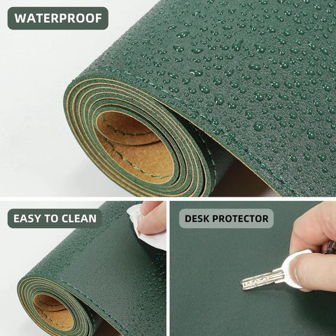 Close-up of waterproof dark green Beefy Dual Sided Cork And PU Leather Desk Pad 47 Inch By 17 Inch with cleaning and protection features.