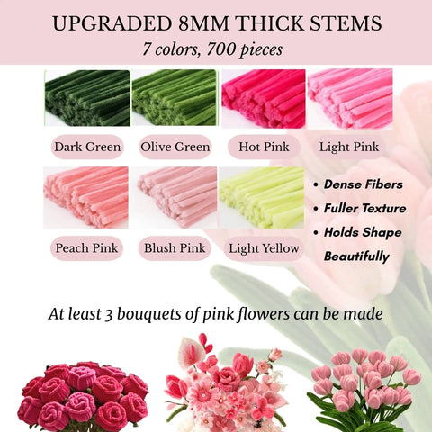 Ultimate Pipe Cleaner Flower Kit With 700 Piece DIY Bouquet Craft Set with chenille stems in 7 colors for beginners.