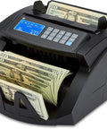 Pro Level Single Denomination Bill Counter Machine With Smart Counterfeit Detector and Lightning Fast Infrared Sensors for Smooth Everyday Cash Value Processing with stacked 20 dollar bills.