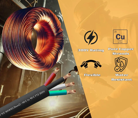Rock Solid 16 Awg 4 Conductor SJOOW Cable 1000 Foot Roll showing flexible copper strands and water-resistant coating.