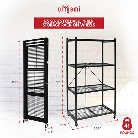 Straight Up Heavy Duty 4 Tier Foldable Steel Storage Rack In Black, multi-functional organizer on wheels for home or garage.