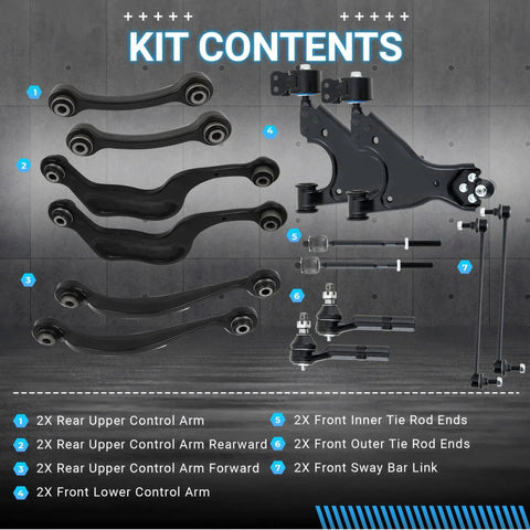 Heavy Duty Suspension Control Arm Kit Bundle With Beefed Up Front And Rear Upper Lower Arms Plus Sway Bar Link And Tie Rod End, kit contents.