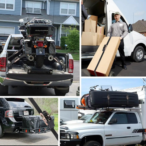 Endless Ratchet Strap Set 1 Inch Wide Heavy Duty Tie Down Straps in use with motorcycle, trailer, kayak, and roof rack cargo