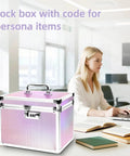Colorful Aurora Combination Lock Box with code on desk in office scene with woman using laptop