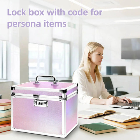 Colorful Aurora Combination Lock Box with code on desk in office scene with woman using laptop