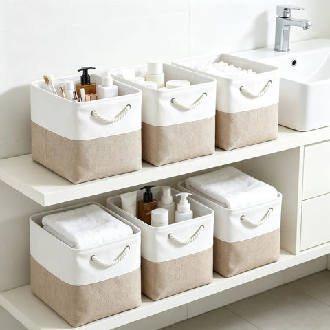 Heavy Duty Foldable Linen Storage Cubes 6 Pack with towels and toiletries in a bathroom shelf organization.