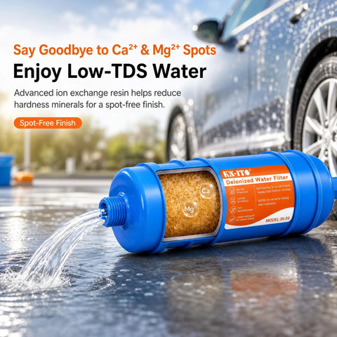 Inline deionized water filter delivers a zero fuss spot free dry for trucks, RVs, boats, and windows every single wash.