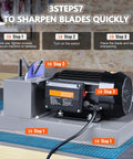 Real Deal Heavy Duty Electric Lawnmower Blade Sharpener Featuring Slick Zirconium Grinding Discs And Tough Copper Motor shown in three step guide for sharpening.