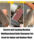 Mini Bench Grinder Kit With 15 Degree Electric Belt Sander And Knife Sharpener Features Seven Speeds for polishing knives with multiple wheels.