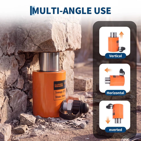 Top Shelf 20 Ton Hydraulic Cylinder Jack For Beefy Industrial Lifting And Pushing Orange Steel Body under a rocky surface.