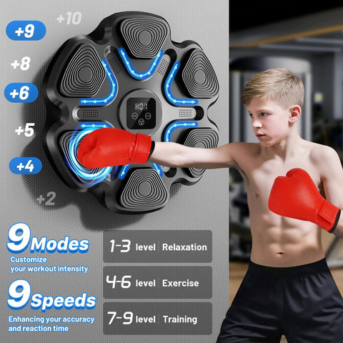 Child using Dope Music Boxing Machine With Bluetooth Punching Trainer For Home Gym Wall Mounted LED Target 9 Speed Modes
