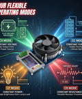 150W 20A Constant Current Electronic Load With USB Battery Tester showing four operating modes and color display