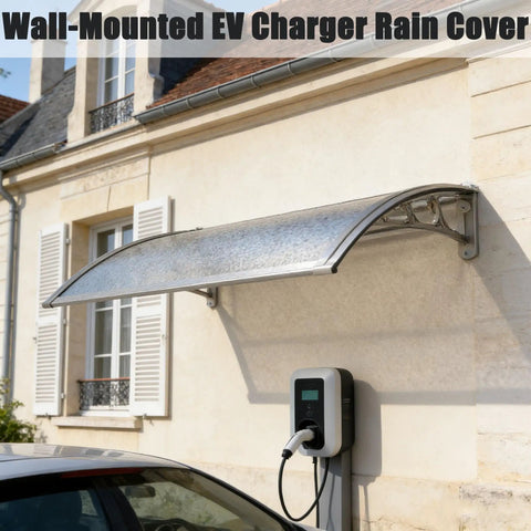 Heavy Duty EV Charger Cover Awning Built Different With Rock Solid Aluminum Shield Staying Dry While You Plug In For Year Round Storm Protection 125X80Cm wall-mounted with aluminum roof and EV charger underneath.
