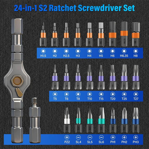 Precision Magnetic Screwdriver Set With S2 Steel Bits And Aluminum Handle, Compact Ratcheting Repair Kit showing 24-in-1 bits arrangement.
